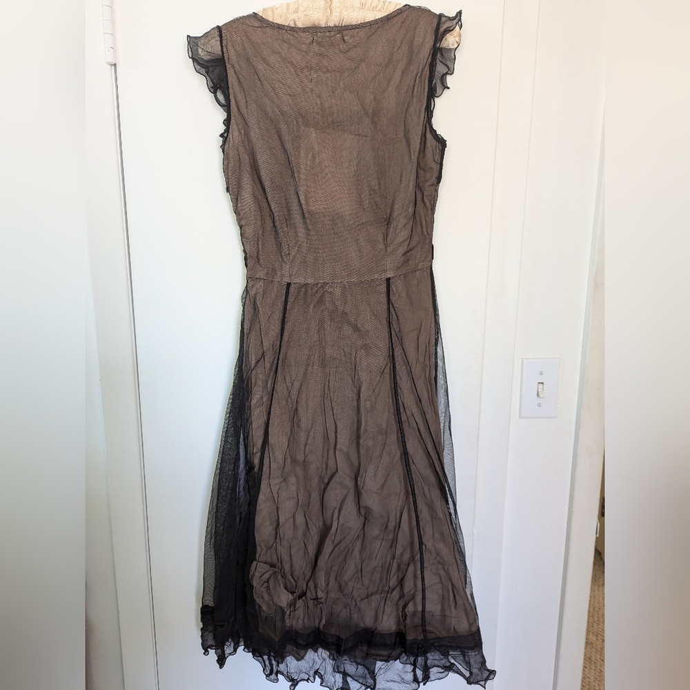 Black and Brown Midi Dress with Square Neck and Flutter Sleeves By Nataya - Picture 4 of 4